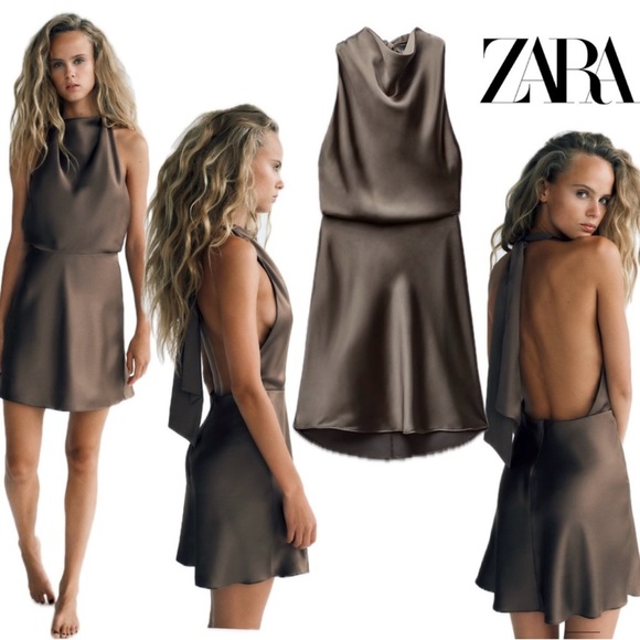 Zara khaki draped satin effect open back halter top mini dress Sz S - Picture 1 of 13